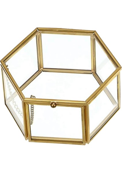 Cam Vintage Mücevher Kutusu Altın Geometrik Takı Ekran Organizatör Kutusu Ev Dekoratif Saklama Kutusu (Orta) (Yurt Dışından)