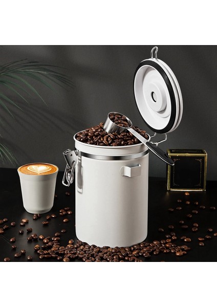 Kahve Saklama Kabı Paslanmaz Çelik Kahve Çekirdeği Sızdırmazlık Kahve Dolum Gıda Saklama Kabı 1500 ml Beyaz (Yurt Dışından)