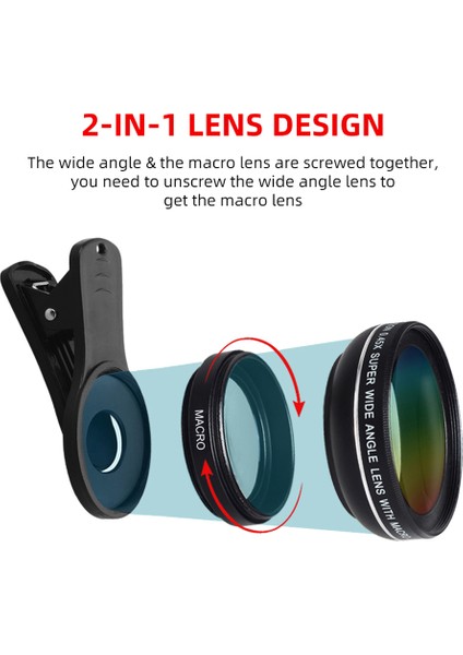 2'si 1 Arada Hd Telefon Lensi 0,45X Süper Geniş Açı ve 12,5x Makro Mobil Lens For For For For (Yurt Dışından)