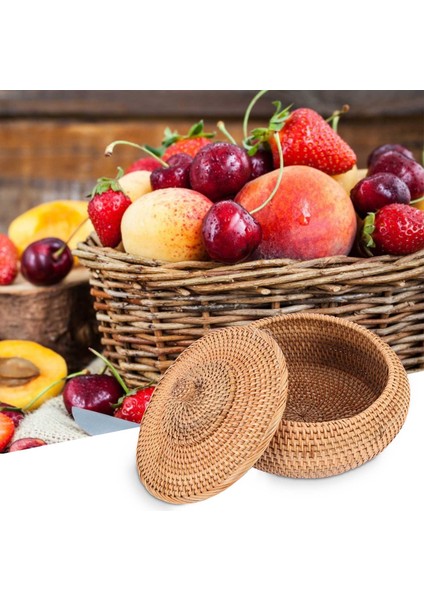 Kapaklı Rattan Kutular, Dayanıklı Rattan Fiber Yuvarlak 11 Inç Çaplı El Dokuma Çok Hasır Tepsi (Yurt Dışından)