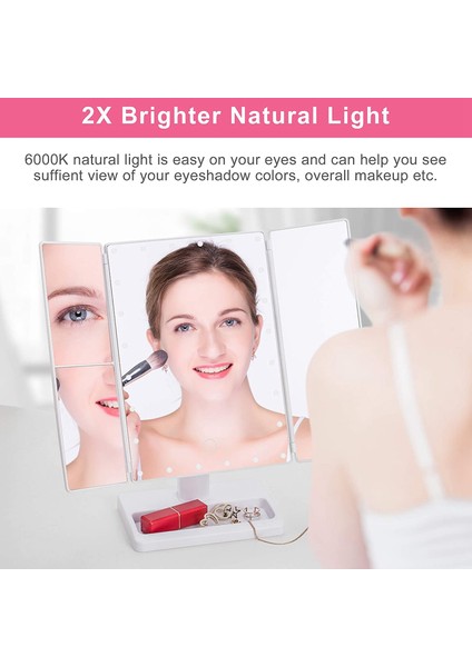 22 LED Işıklı Üç Katlı, 10X/3X/2X Büyütme Portatif Katlama Işıklı Masa Masası Kozmetik Aynası, Beyaz (Yurt Dışından) modelleri