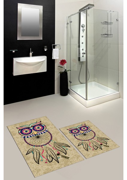 Dijital Baskılı Yıkanabilir Baykuş Desenli Ikili Banyo Halısı Paspas, Klozet-35-Kahve,