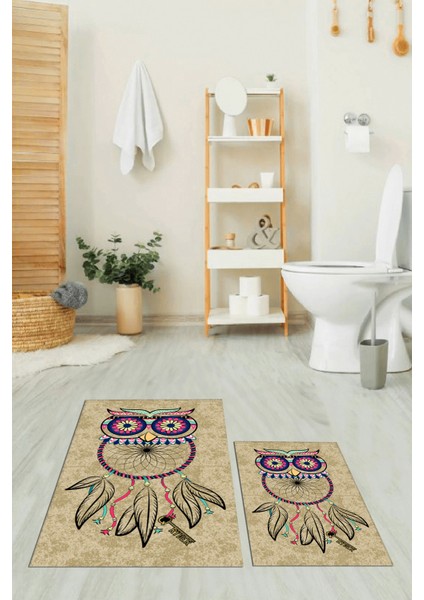 Dijital Baskılı Yıkanabilir Baykuş Desenli Ikili Banyo Halısı Paspas, Klozet-35-Kahve, fiyatları