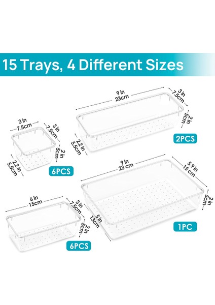 15 Adet Şeffaf Plastik Çekmece Organizatör Seti 4 Boyutlu Çok Yönlü Banyo ve Vanity Çekmece Organizatör Tepsileri Eşya Kutuları (Yurt Dışından) fiyatları