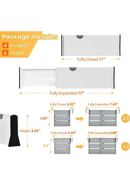Çekmece Bölücüler Organizatör 4 Paket, 6 Uçlu Ayarlanabilir Ayırıcılar 4 Inç Yükseklik, Yatak Odası Için 11-17 Inç Arası Genişletilebilir (Yurt Dışından) fiyatları