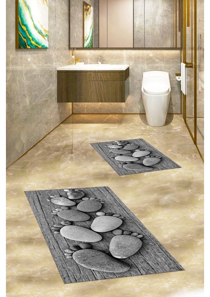 3D Dijital Baskılı Yıkanabilir Ayak Izi Desenli Ikili Banyo Halısı Paspas, Klozet-15-Gri,