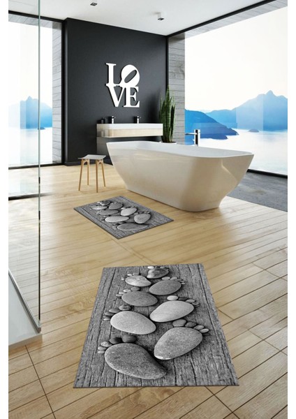 3D Dijital Baskılı Yıkanabilir Ayak Izi Desenli Ikili Banyo Halısı Paspas, Klozet-15-Gri,