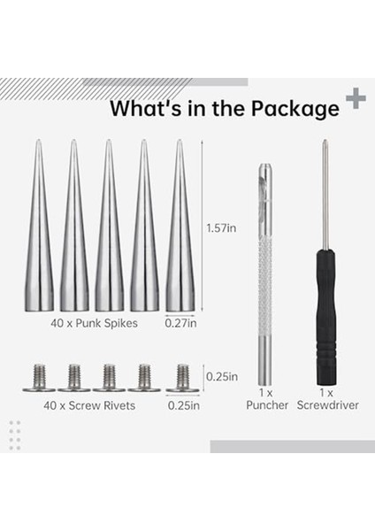 40'lı Giyim Işaretçisi Seti, Çeşitli Boyutlarda Punk Perçinli Konik Uçlar Çiviler Perçinler, Dıy Gümüş Metal Uçlar El Sanatları (Yurt Dışından)
