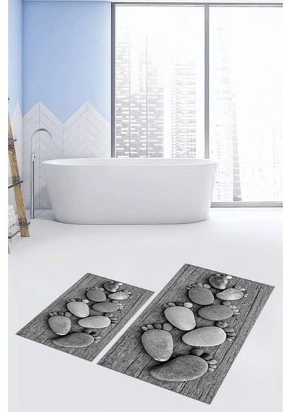 3D Dijital Baskılı Yıkanabilir Ayak Izi Desenli Ikili Banyo Halısı Paspas, Klozet-15-Gri,