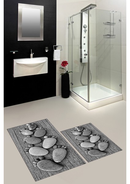 3D Dijital Baskılı Yıkanabilir Ayak Izi Desenli Ikili Banyo Halısı Paspas, Klozet-15-Gri,