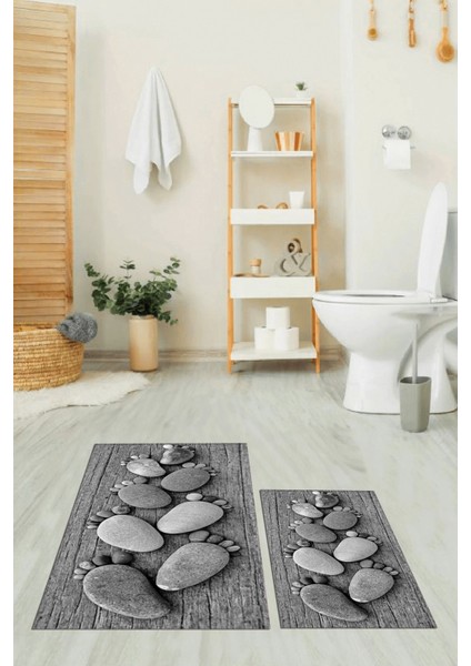 3D Dijital Baskılı Yıkanabilir Ayak Izi Desenli Ikili Banyo Halısı Paspas, Klozet-15-Gri,