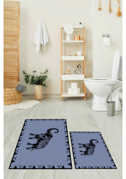 Dijital Baskılı Yıkanabilir Fil Desenli Ikili Banyo Halısı Paspas, Klozet-32-Mavi, fiyatları