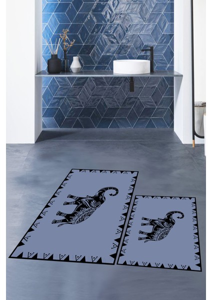 Dijital Baskılı Yıkanabilir Fil Desenli Ikili Banyo Halısı Paspas, Klozet-32-Mavi, fırsatları