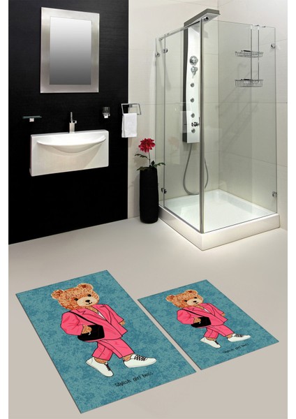 Dijital Baskılı Yıkanabilir Ayıcık Desenli Ikili Banyo Halısı Paspas, Klozet-34-Mavi,