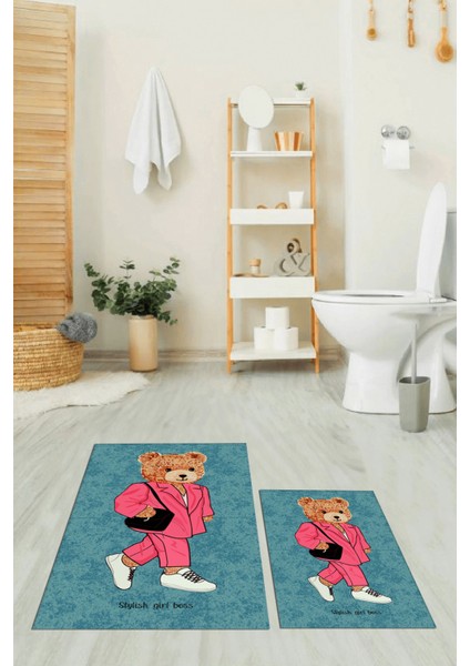Dijital Baskılı Yıkanabilir Ayıcık Desenli Ikili Banyo Halısı Paspas, Klozet-34-Mavi, fiyatları