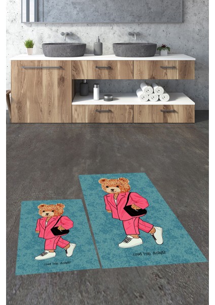 Dijital Baskılı Yıkanabilir Ayıcık Desenli Ikili Banyo Halısı Paspas, Klozet-34-Mavi, modelleri