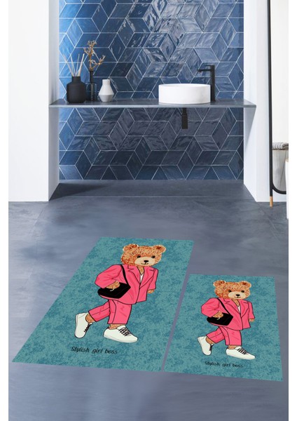 Dijital Baskılı Yıkanabilir Ayıcık Desenli Ikili Banyo Halısı Paspas, Klozet-34-Mavi, fırsatları