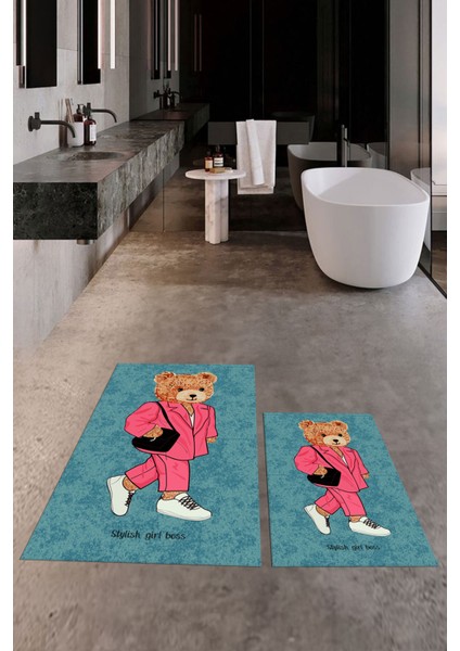 Dijital Baskılı Yıkanabilir Ayıcık Desenli Ikili Banyo Halısı Paspas, Klozet-34-Mavi, indirimleri