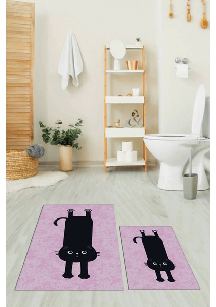 Dijital Baskılı Yıkanabilir Sevimli Kedi Ikili Banyo Halısı Paspas, Klozet-39-Pembe,