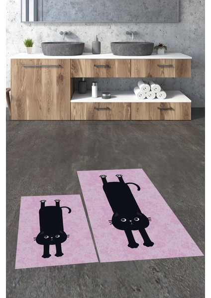 Dijital Baskılı Yıkanabilir Sevimli Kedi Ikili Banyo Halısı Paspas, Klozet-39-Pembe, fiyatları
