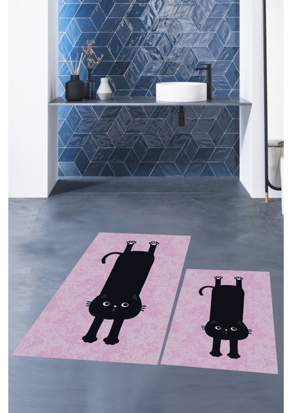 Dijital Baskılı Yıkanabilir Sevimli Kedi Ikili Banyo Halısı Paspas, Klozet-39-Pembe, modelleri