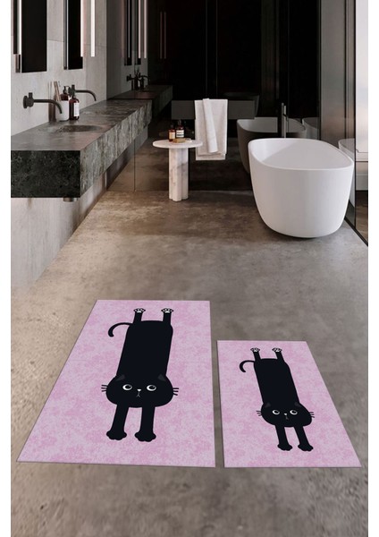 Dijital Baskılı Yıkanabilir Sevimli Kedi Ikili Banyo Halısı Paspas, Klozet-39-Pembe, fırsatları