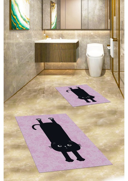Dijital Baskılı Yıkanabilir Sevimli Kedi Ikili Banyo Halısı Paspas, Klozet-39-Pembe, indirimleri