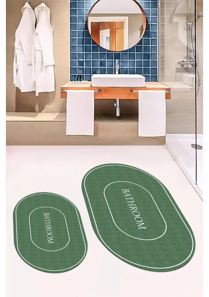 Dijital Baskılı Yıkanabilir Sade Bathroom Yazılı Oval Banyo Paspası, Klozet-04-Yeşil,