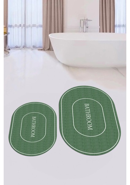 Dijital Baskılı Yıkanabilir Sade Bathroom Yazılı Oval Banyo Paspası, Klozet-04-Yeşil, fiyatları