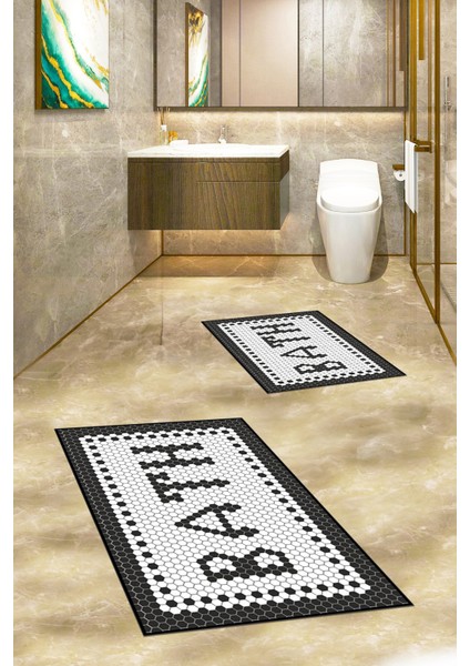 Dijital Baskılı Mozaik Desenli Bath Yazılı Ikili Banyo Paspası, Klozet-7-Siyah, fiyatları