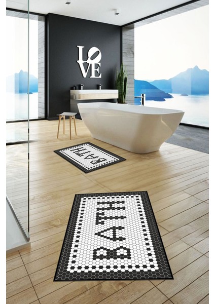 Dijital Baskılı Mozaik Desenli Bath Yazılı Ikili Banyo Paspası, Klozet-7-Siyah, modelleri