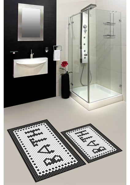 Dijital Baskılı Mozaik Desenli Bath Yazılı Ikili Banyo Paspası, Klozet-7-Siyah, indirimleri