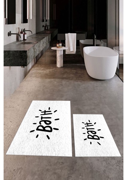 Dijital Baskılı Yıkanabilir Bath Yazılı Ikili Banyo Halısı Paspas, Klozet-9-Beyaz,