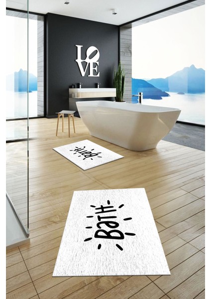 Dijital Baskılı Yıkanabilir Bath Yazılı Ikili Banyo Halısı Paspas, Klozet-9-Beyaz, modelleri