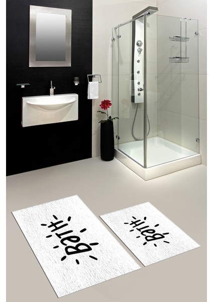 Dijital Baskılı Yıkanabilir Bath Yazılı Ikili Banyo Halısı Paspas, Klozet-9-Beyaz, indirimleri