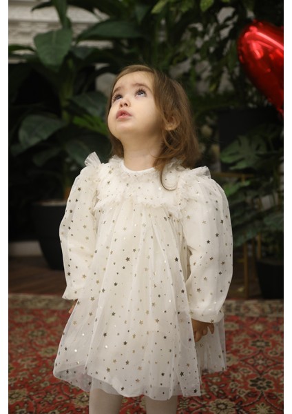 Yıldızlı Tül Kız Bebek Elbise Ekru