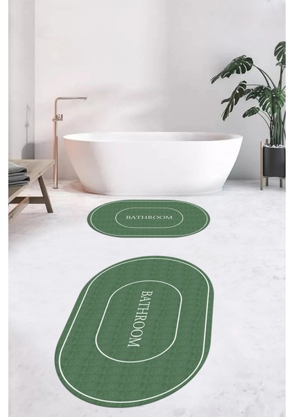 Dijital Baskılı Yıkanabilir Sade Bathroom Yazılı Oval Banyo Paspası, Klozet-04-Yeşil, fırsatları