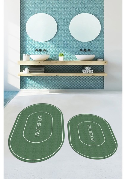 Dijital Baskılı Yıkanabilir Sade Bathroom Yazılı Oval Banyo Paspası, Klozet-04-Yeşil, indirimleri