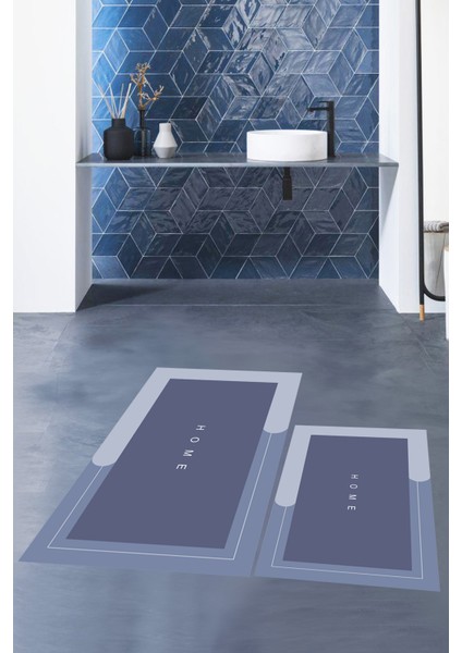 Dijital Baskılı Yıkanabilir Home Yazılı Ikili Banyo Paspası, Klozet-3-Mavi,