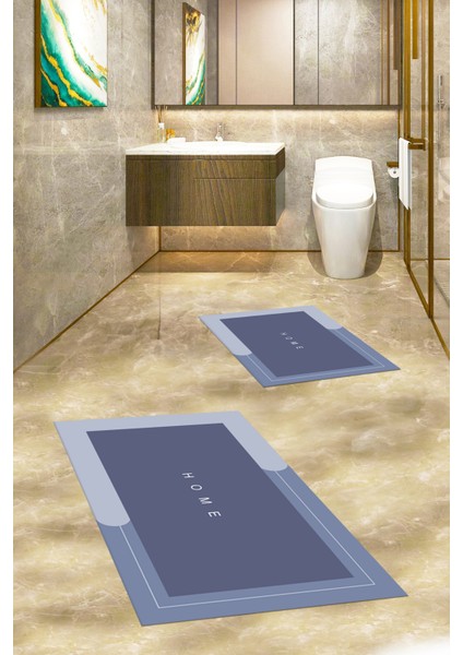 Dijital Baskılı Yıkanabilir Home Yazılı Ikili Banyo Paspası, Klozet-3-Mavi, modelleri