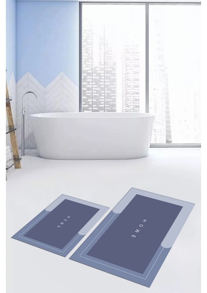 Dijital Baskılı Yıkanabilir Home Yazılı Ikili Banyo Paspası, Klozet-3-Mavi, indirimleri