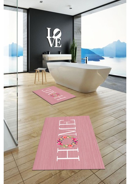 Dijital Baskılı Yıkanabilir Çiçekli Home Yazılı Ikili Banyo Halısı Paspas, Klozet-12-Pembe, modelleri