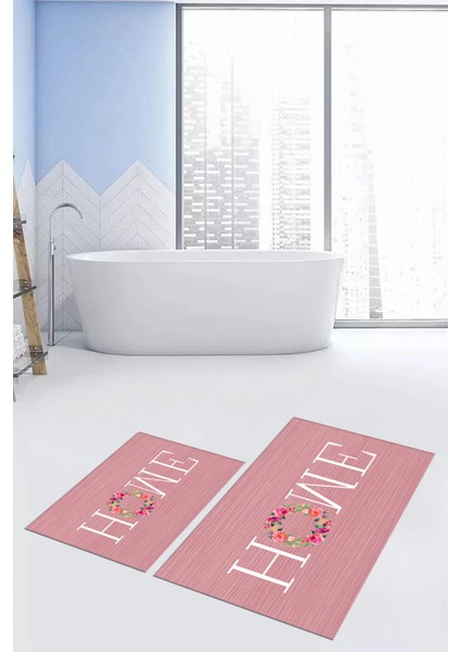 Dijital Baskılı Yıkanabilir Çiçekli Home Yazılı Ikili Banyo Halısı Paspas, Klozet-12-Pembe, fırsatları