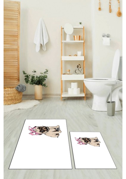 Dijital Baskılı Yıkanabilir Sevimli Köpek Ikili Banyo Halısı Paspas, Klozet-38-Beyaz,