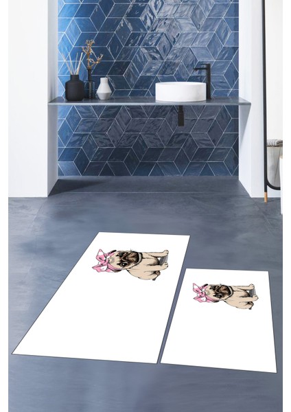 Dijital Baskılı Yıkanabilir Sevimli Köpek Ikili Banyo Halısı Paspas, Klozet-38-Beyaz, modelleri