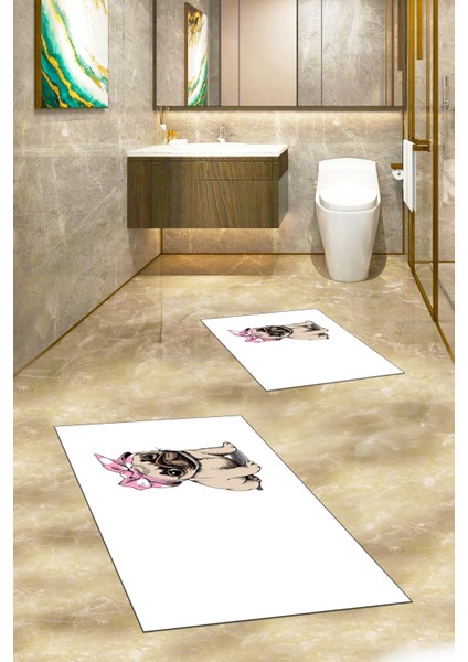 Dijital Baskılı Yıkanabilir Sevimli Köpek Ikili Banyo Halısı Paspas, Klozet-38-Beyaz, indirimleri