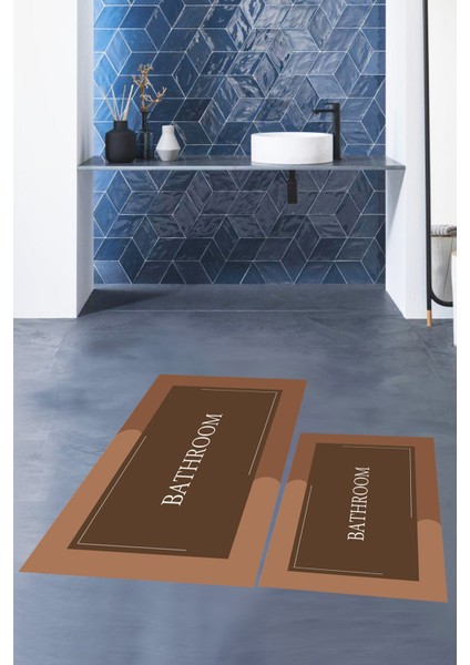 Dijital Baskılı Yıkanabilir Bathroom Yazılı Ikili Banyo Paspası, Klozet-2-Kahve,