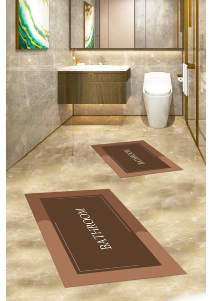Dijital Baskılı Yıkanabilir Bathroom Yazılı Ikili Banyo Paspası, Klozet-2-Kahve, modelleri