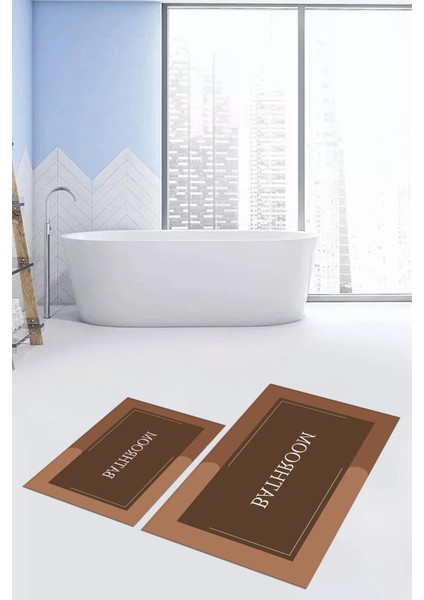 Dijital Baskılı Yıkanabilir Bathroom Yazılı Ikili Banyo Paspası, Klozet-2-Kahve, indirimleri