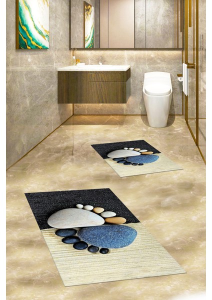 3D Dijital Baskılı Yıkanabilir Ayak Izi Desenli Ikili Banyo Halısı, Klozet-17-Renkli,